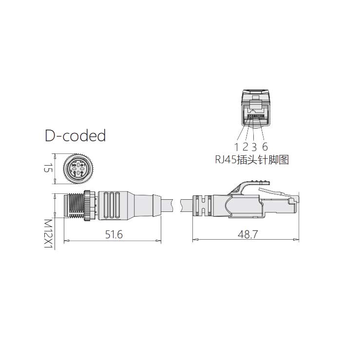 M12 4Pin D-coded、公頭直型轉(zhuǎn)RJ45公頭直型、雙端預(yù)鑄PUR柔性電纜、帶屏蔽、黃色護(hù)套、0C4142-XXX